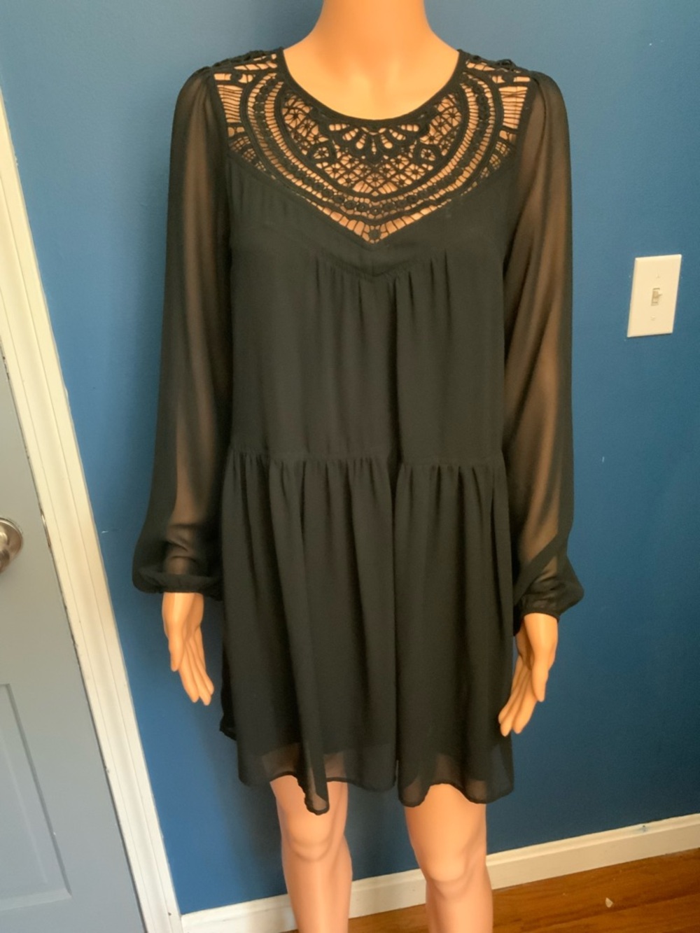 Express Black Crochet Yoke Long Sleeve Mini Dress